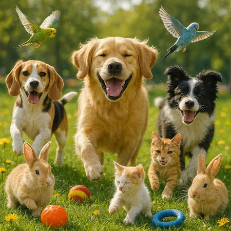 Group of pets playing together in the meadow.