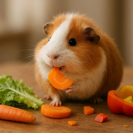 guinea pig with carrot and salad on wooden table, close upの写真素材