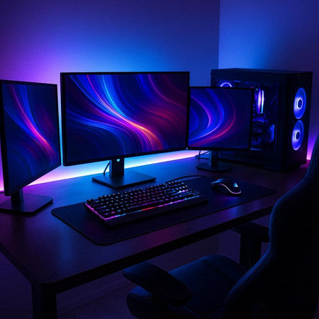 Computer in dark room with blue and purple lights. 3d rendering