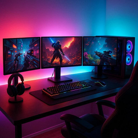 video game scene with gamer on computer screen in dark room at night