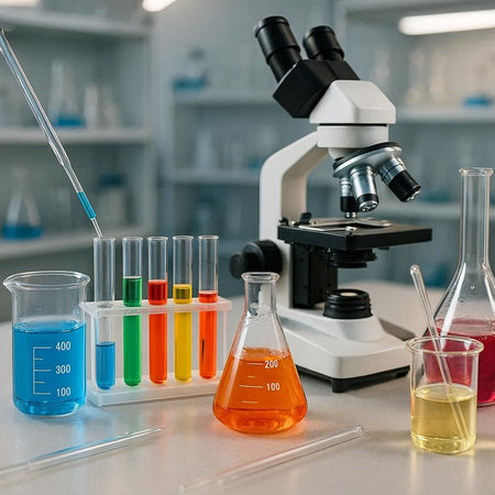 Laboratory glassware with colorful liquid and microscope on table in science laboratory