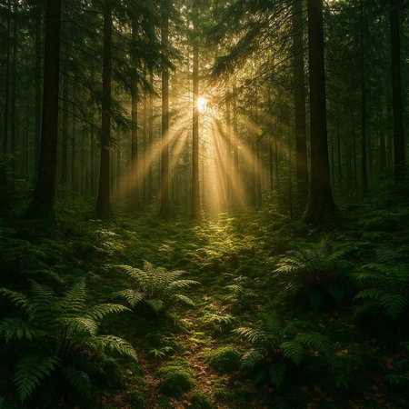 Fantastic forest with sun rays and ferns in the foreground