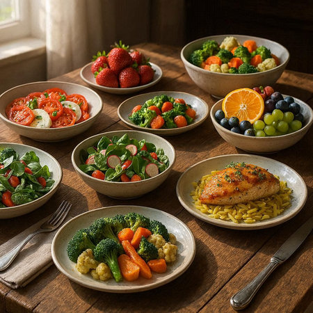 Healthy food on a wooden table in a rustic style.