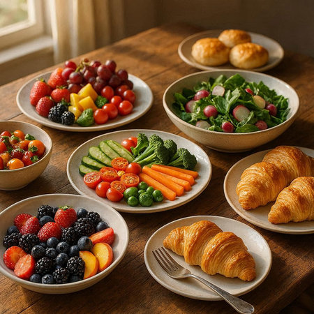 Healthy breakfast with croissants, berries, fruits and vegetables