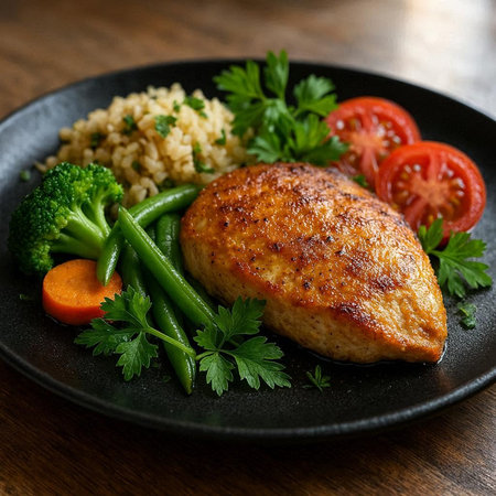 Grilled chicken fillet with bulgur and vegetables, selective focusの写真素材