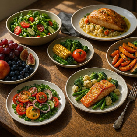 Healthy diet food on wooden background. Vegetables, fruits and fish salads.