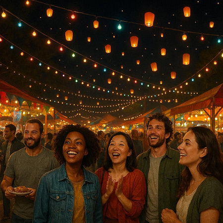 Group of people having fun at a street food festival in the evening