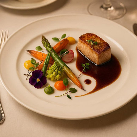 Grilled salmon with asparagus and vegetables on a white plate