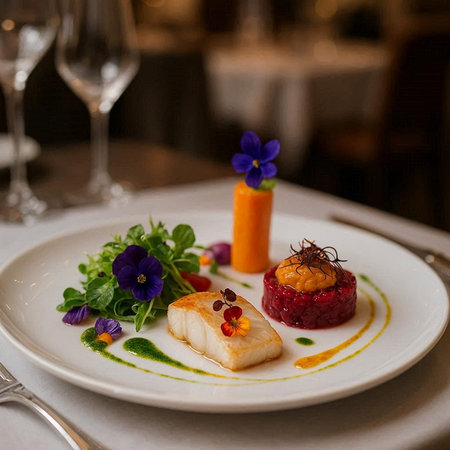 Salmon fillet with vegetables on a white plate