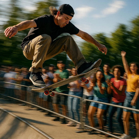 Skateboarder performing a trick in a skate park. Motion blur.の写真素材