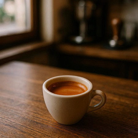Cup of coffee on a wooden table in a cafe. Selective focus.