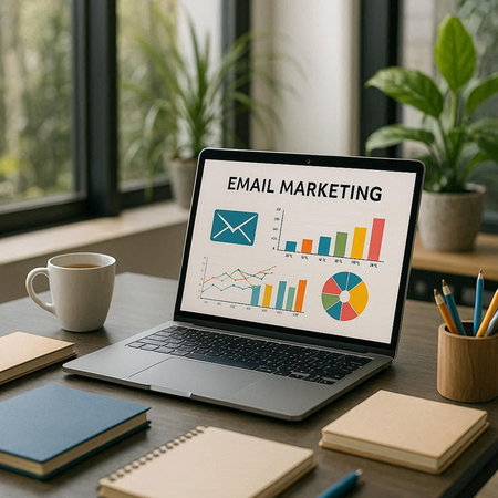 Laptop screen displaying an e-marketing concept on a desk