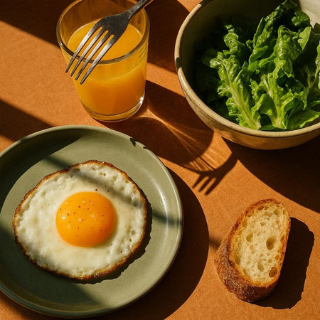 Fried egg on a plate with a glass of juice and bread