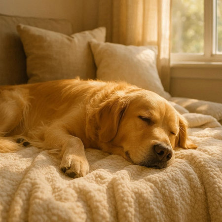 Cute Golden Retriever lying on the bed at home.