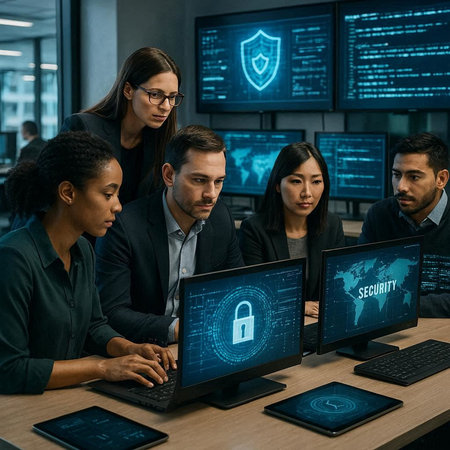 Cyber security. Group of young people in smart casual wear working on computers while sitting at the...