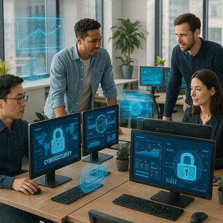 Group of young business people working in modern office. They are using computers with padlock icons...