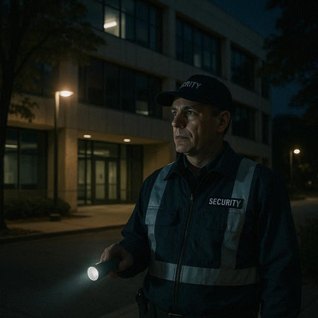 Security guard at the entrance to the building at night with a flashlight