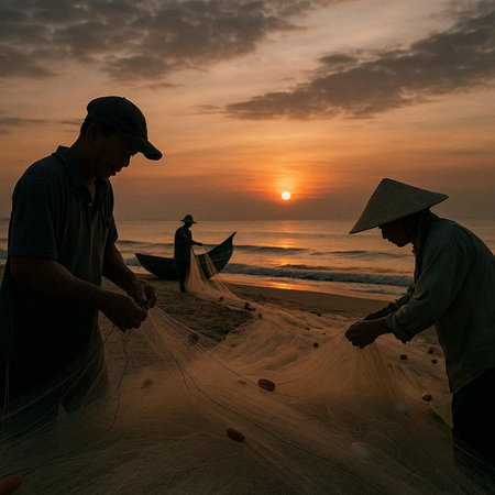 Fishermen are fishing on the beach at sunrise in the morning.の写真素材