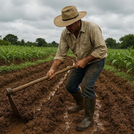 Farmer working in a corn field with a shovel in his hand