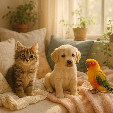 Cat, dog and parrot on the bed.の写真素材
