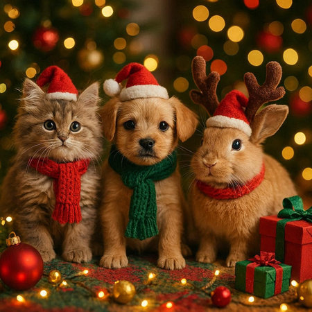 Cute dog and cat in Santa hats on Christmas background.