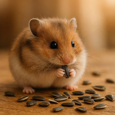 Hamster eating sunflower seeds on wooden background. Close up.