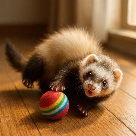Cute ferret with ball on the floor in the room.