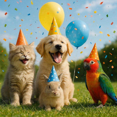Cute dog, cat and parrot with party hats on green grass