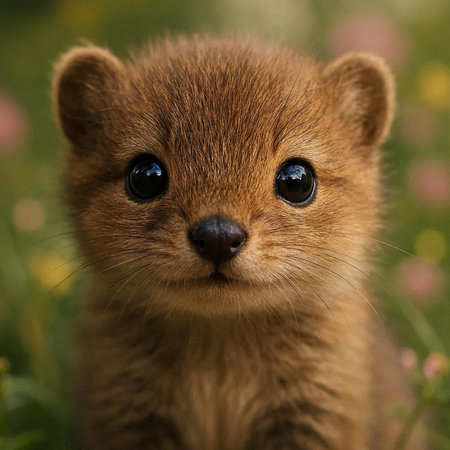 Close-up portrait of a weasel in the grass looking at the camera