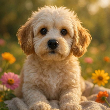Cute puppy poodle sitting in the garden on a background of flowersの写真素材