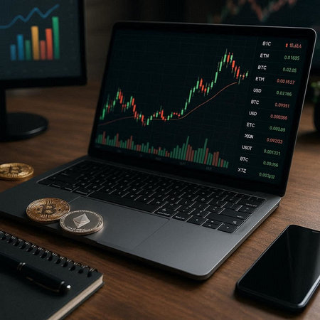 Laptop with stock market chart on screen. Cryptocurrency concept.