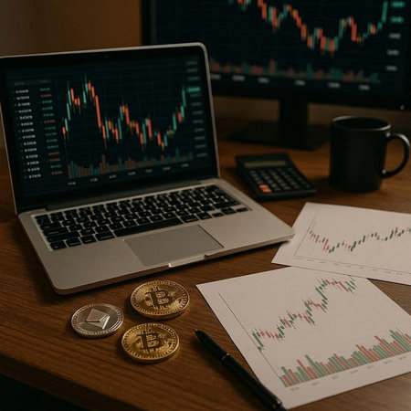 Bitcoin coins and laptop on the table. Cryptocurrency trading concept.