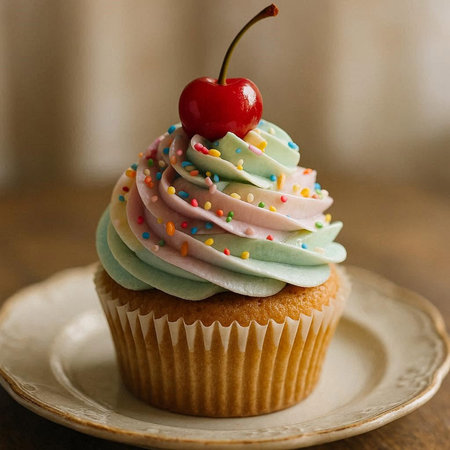 Cupcake with cream and cherry on a plate on a wooden backgroundの写真素材