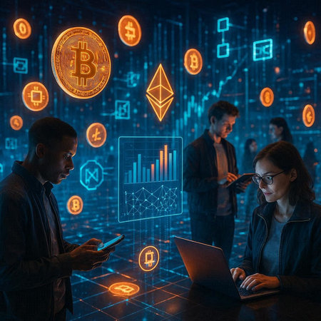 Business people working on crypto currency trading. Bitcoin, Ethereum, Ripple. Double exposure.