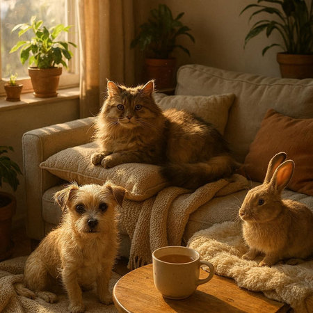 Cute cat, dog and rabbit on the sofa in the room