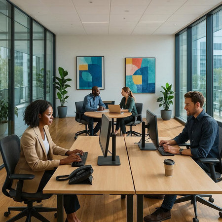 Group of diverse business people working together in a modern coworking office