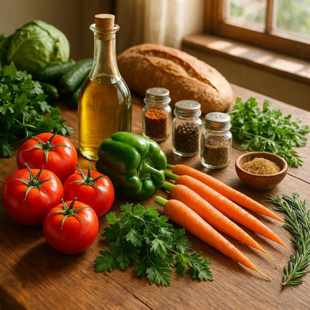 Vegetables and spices on a wooden table in rustic style