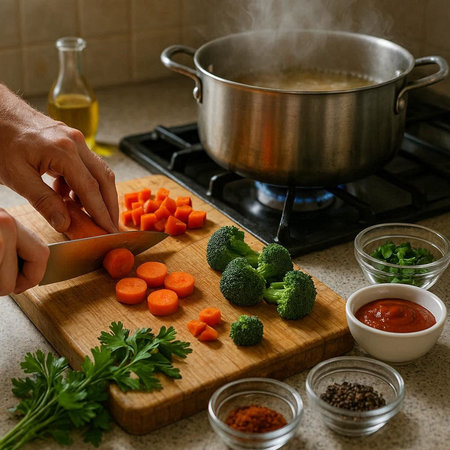 cooking, vegetarian food and people concept - close up of male hands with knife cutting vegetables on kitchen tableの写真素材