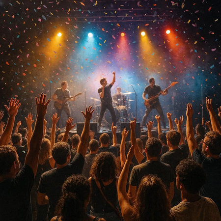 Crowd of people partying at a live music concert with colorful lights