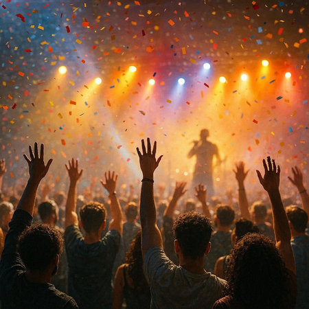 Crowd cheering at a music festival with hands up and confetti