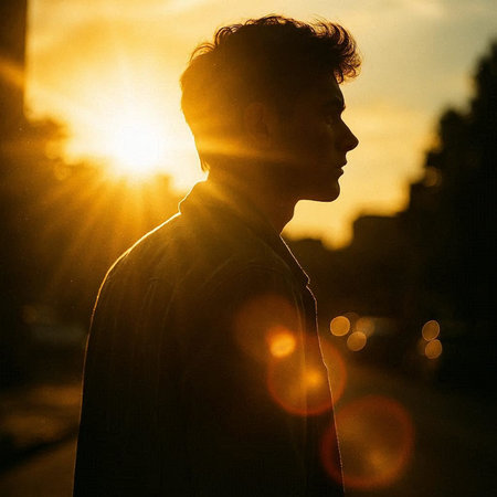 Silhouette of a young man at sunset in the city.