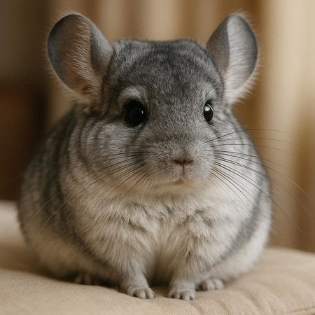Gray chinchilla close-up portrait on a beige backgroundの写真素材