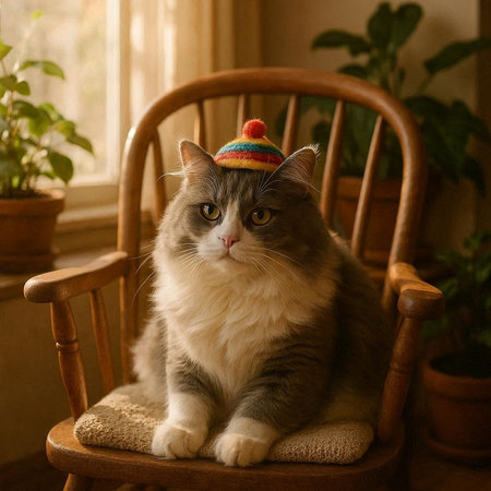 beautiful fluffy cat in a hat sits on a chair at homeの写真素材