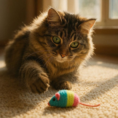 Cute tabby cat playing with a toy mouse on the floor.