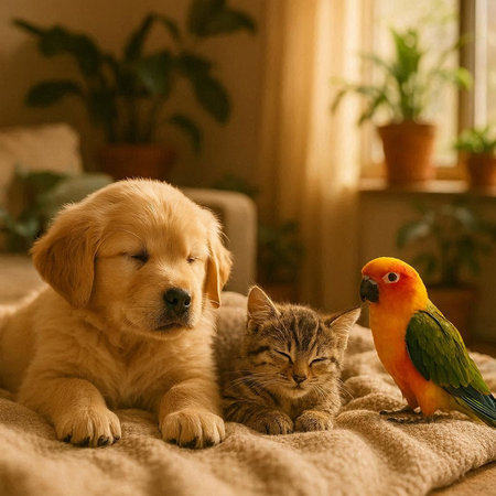 Cat and dog together. Golden Retriever, cat and parrot.の写真素材