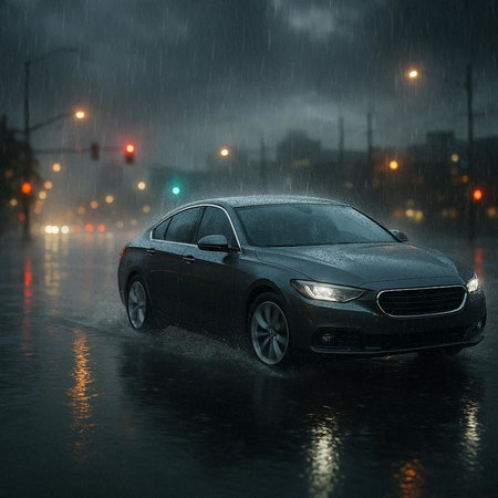 Car driving through heavy rain on a rainy day. 3D renderingの写真素材
