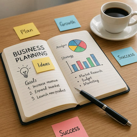 Business Plan Strategy Vision Diagram Word Graphic Icon and Cup of Coffee