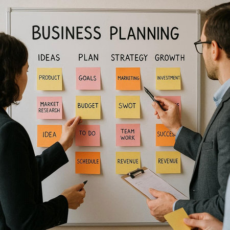 Business planning concept on whiteboard. Group of business people working together in office.