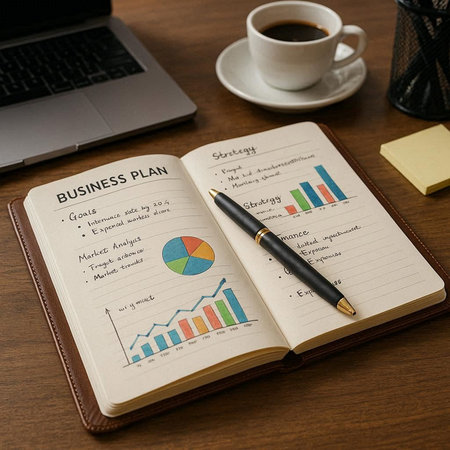 Business Notebook with pen and cup of coffee on wooden table.
