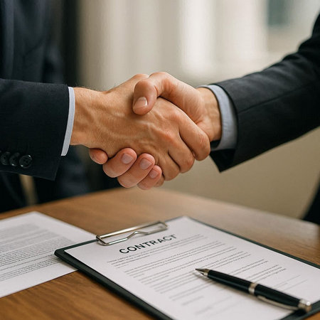 Close-up of business people shaking hands after signing contract. Successful negotiation conceptの写真素材